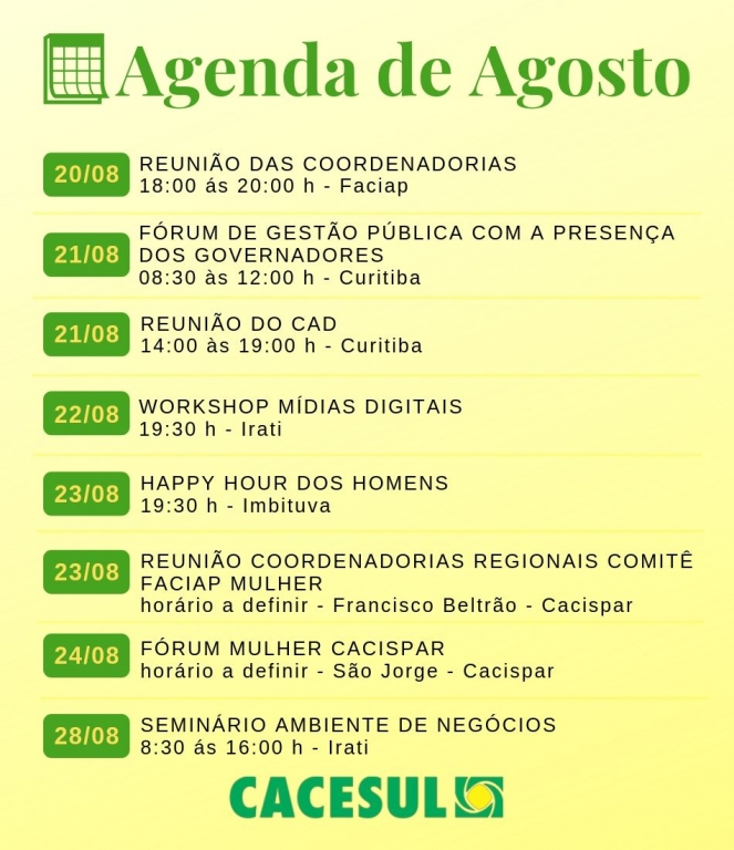 Agenda de eventos para o mês de agosto