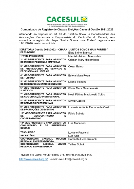 Comunicado de Registro de Chapas Eleições Cacesul Gestão 2021/2022