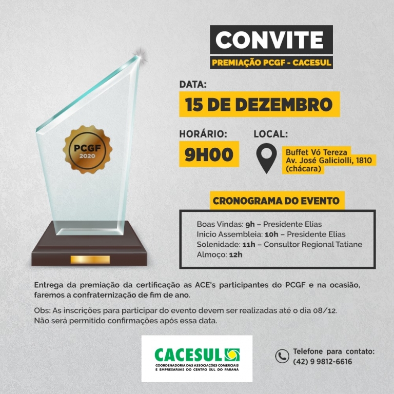 Cacesul irá realizar entrega da premiação de certificação às ACE’s participantes do PCGF