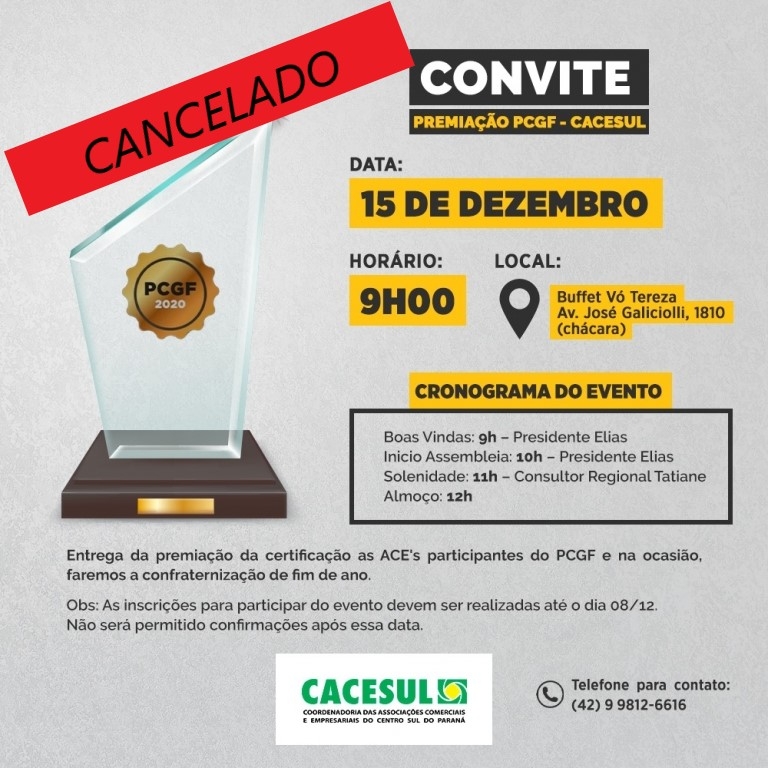 Devido a Pandemia, Cacesul altera formato de entrega da premiação de certificação às ACE’s participantes do PCGF